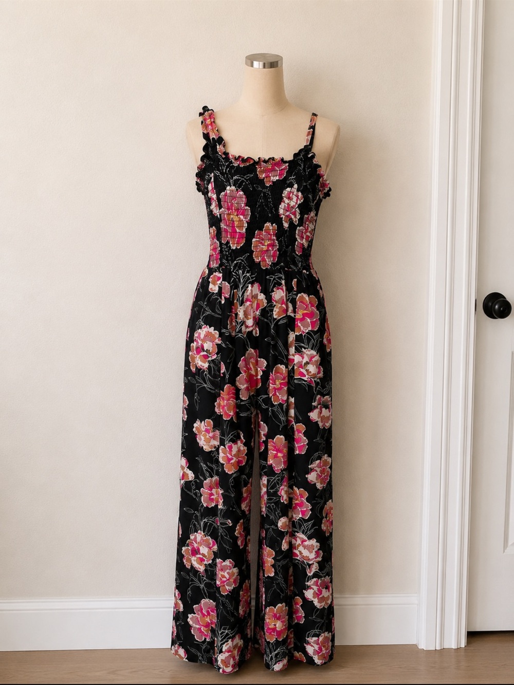 Black Floral Wide-Leg Smocked Jumpsuit with Pink Blooms